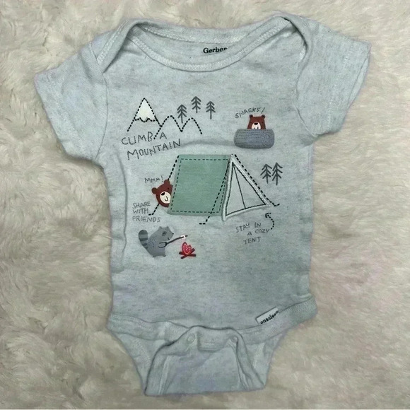 Gerber Onesie Diaper Shirt  Grey Camping Animals Tent Size Newborn - Picture 1 of 16